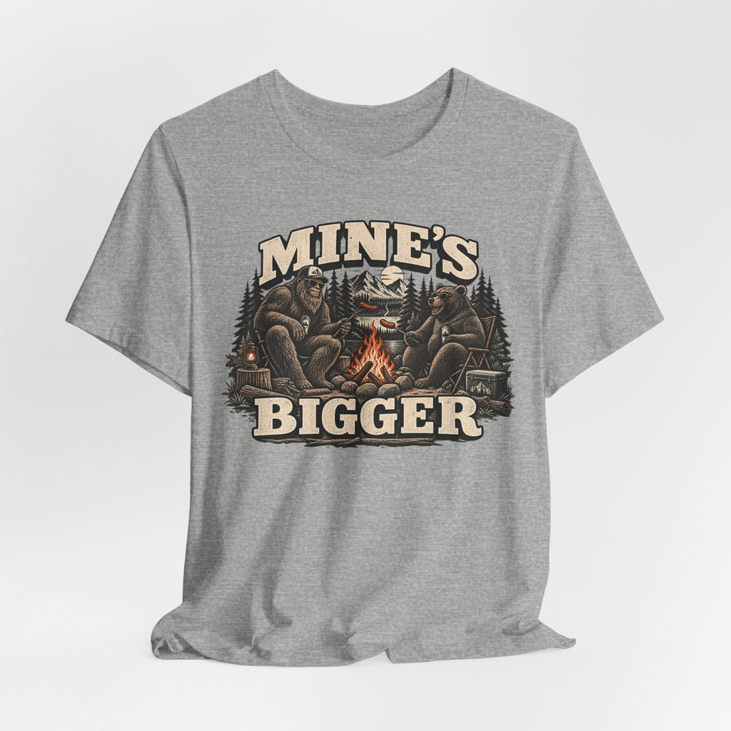 Mine's Bigger Funny Bigfoot T-Shirt in Red - funny Bigfoot campfire shadow graphic tee, Barely Outdoorsy