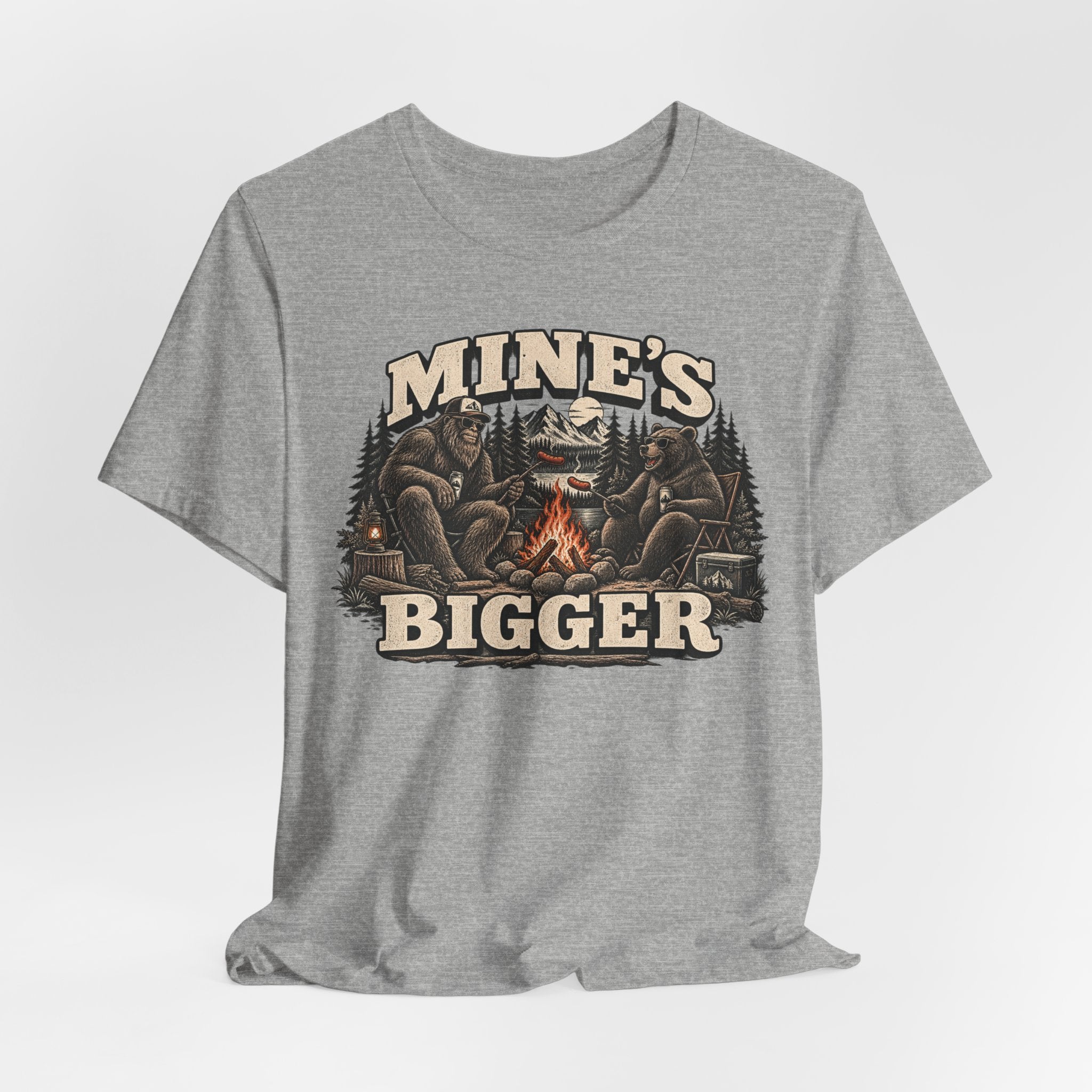 Mine's Bigger Funny Bigfoot T-Shirt in Red - funny Bigfoot campfire shadow graphic tee, Barely Outdoorsy