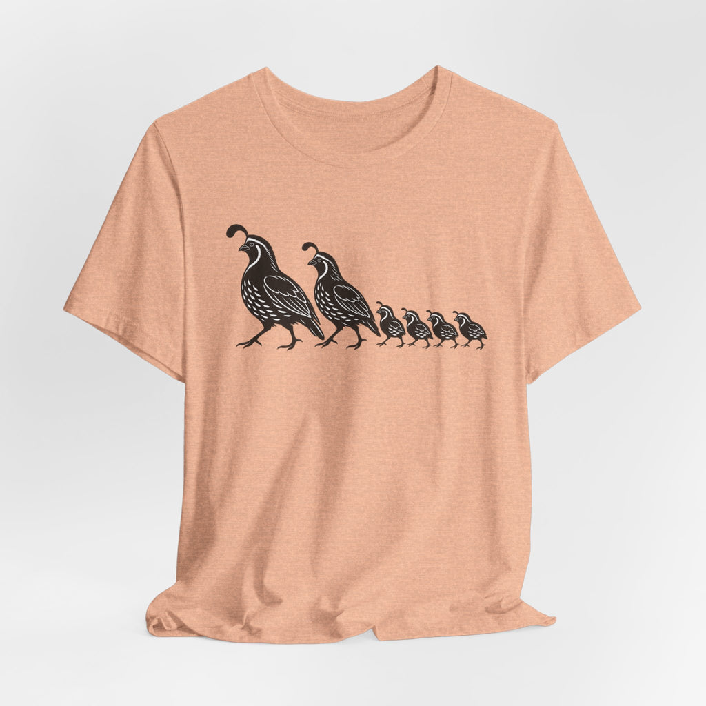Quail Family Walk Tee flat lay Athletic Heather - unisex crew neck quail family graphic tee, Barely Outdoorsy