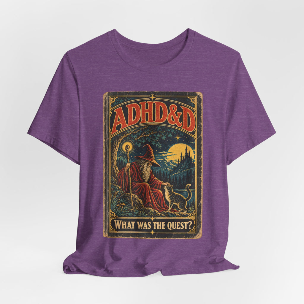 ADHD&D What Was the Quest T-Shirt in Heather Brown - funny ADHD neurodivergent D&D RPG parody graphic tee, Barely Outdoorsy