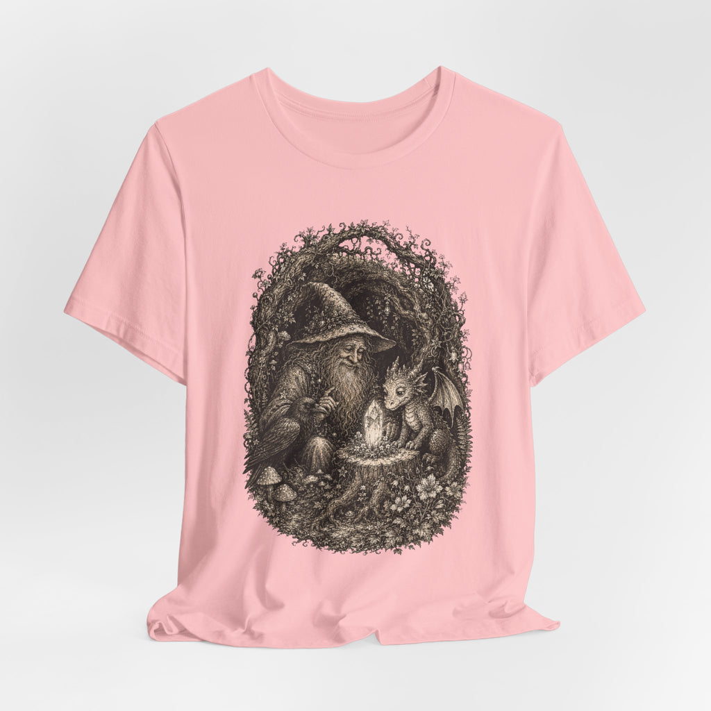Wizard and Dragon Tee in Pink worn shot - fantasy wizard dragon painterly shirt, Barely Outdoorsy Bella Canvas