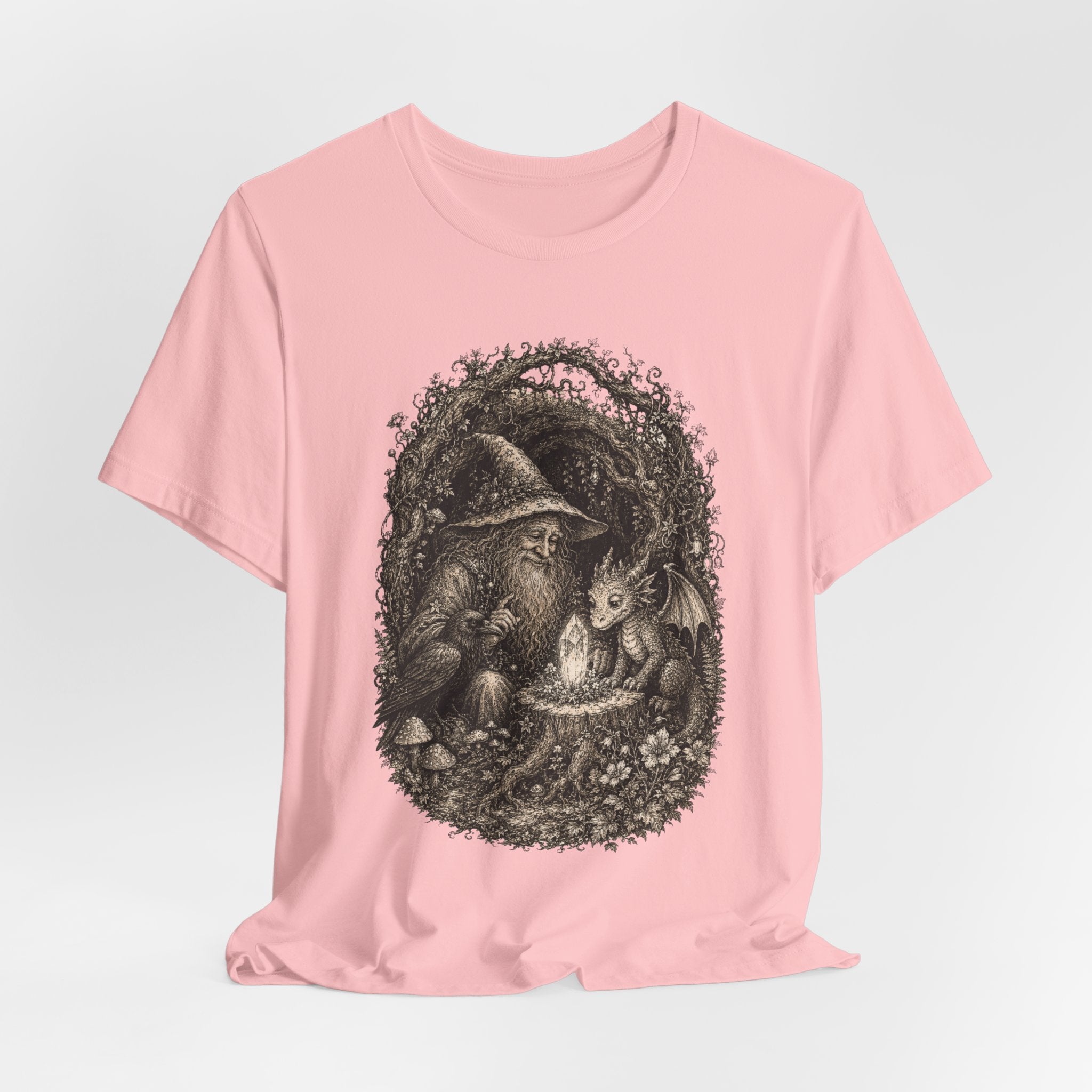 Wizard and Dragon Tee in Pink worn shot - fantasy wizard dragon painterly shirt, Barely Outdoorsy Bella Canvas