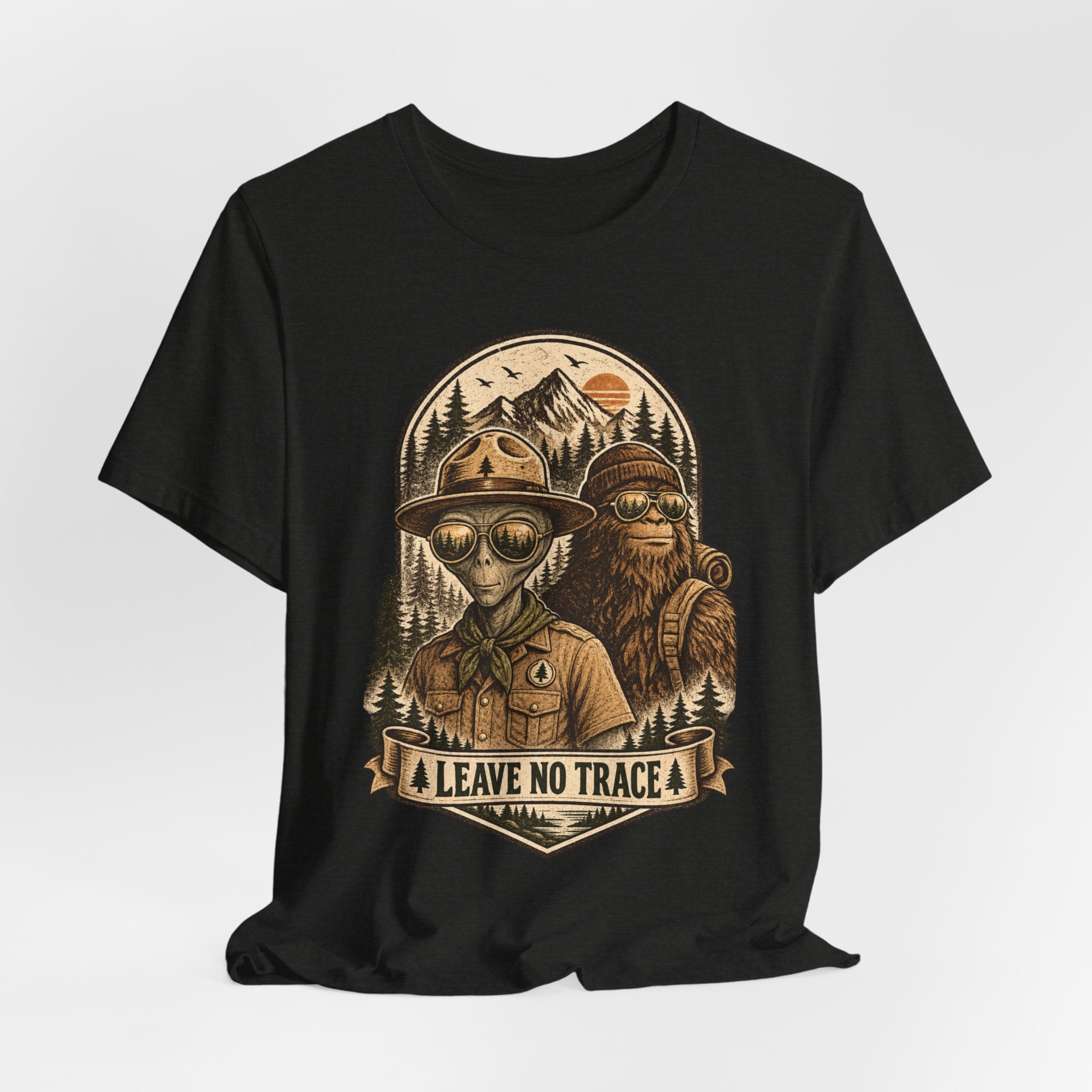 Alien Ranger Bigfoot Tee in Black Heather - funny alien ranger Bigfoot shirt, Barely Outdoorsy Bella Canvas