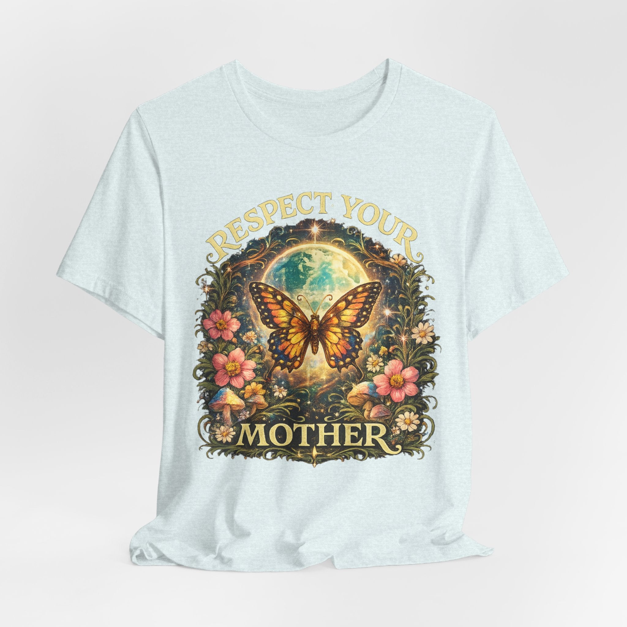 Respect Your Mother Butterfly Tee in Black Heather - art nouveau butterfly gold lettering nature shirt, Barely Outdoorsy Bella Canvas 3001