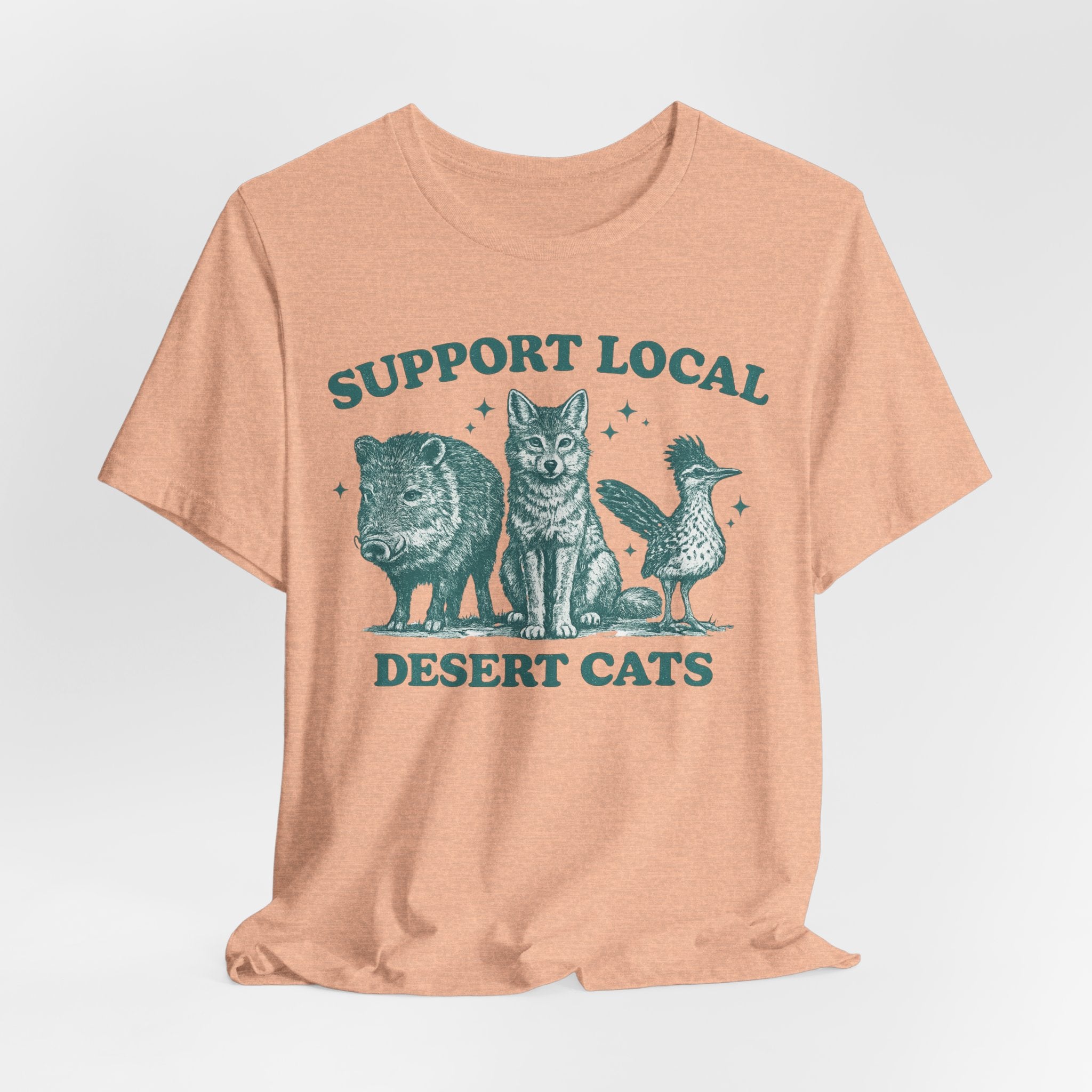 Support Local Desert Cats Tee in White - funny Southwest wildlife portrait etching shirt, Barely Outdoorsy