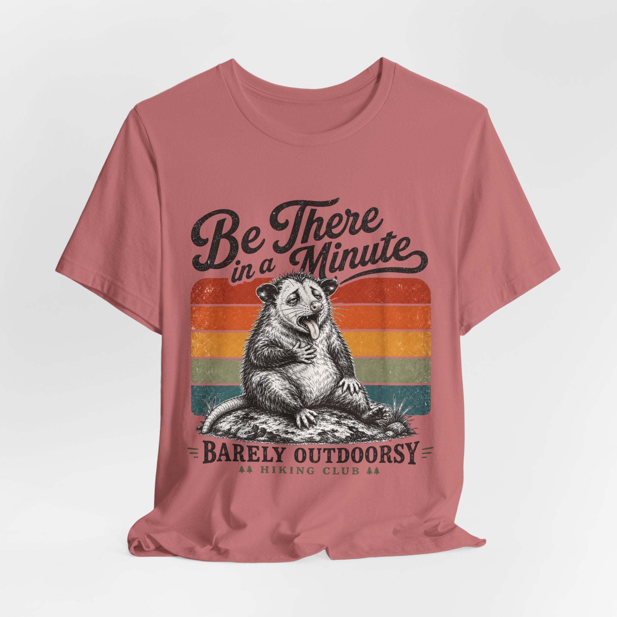 Be There In A Minute Tee in Heather Peach - funny slow hiker opossum club shirt, Barely Outdoorsy Bella Canvas