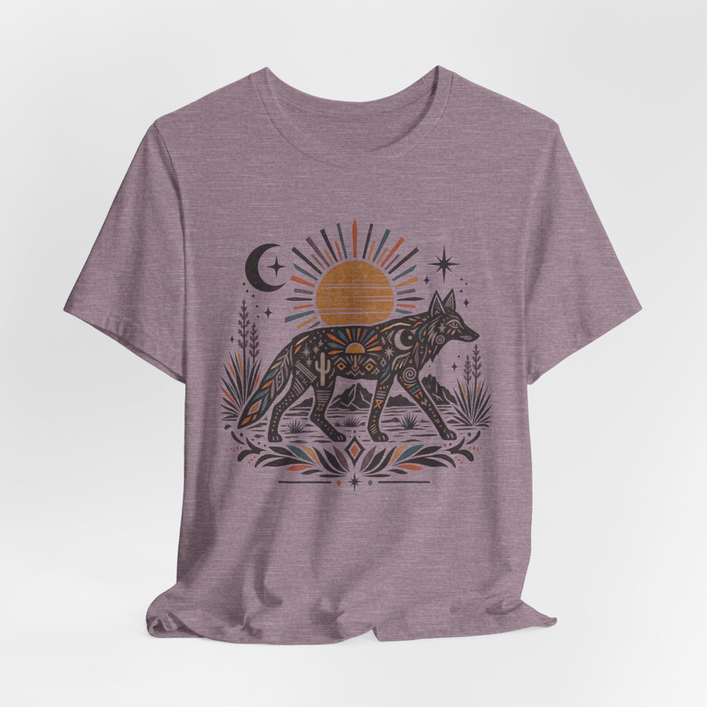 Boho Desert Sun Coyote T-Shirt in White - boho Southwest desert sun coyote mandala graphic tee, Barely Outdoorsy