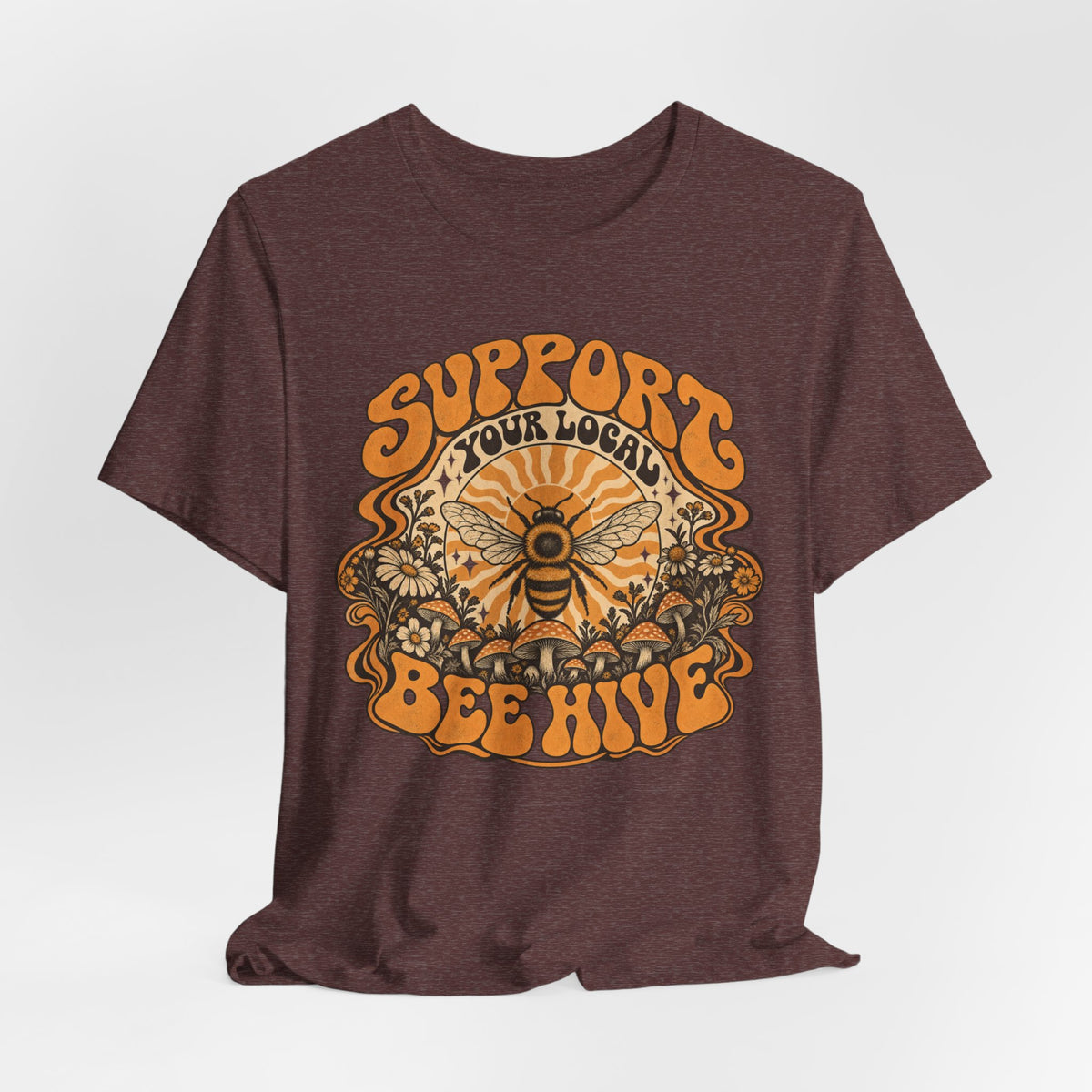 Support Your Local Bee Hive Tee in Heather Purple - bee hive wildflower cottagecore shirt, Barely Outdoorsy Bella Canvas
