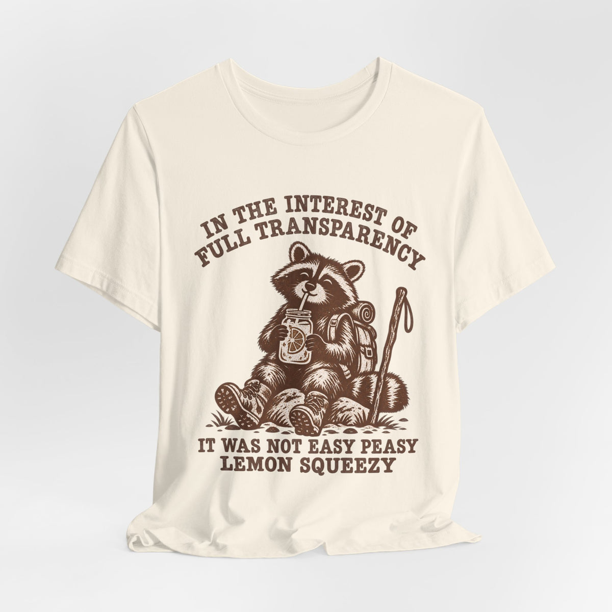 Full Transparency Raccoon Hiking Tee in Heather True Royal - funny raccoon hiking transparency shirt, Barely Outdoorsy