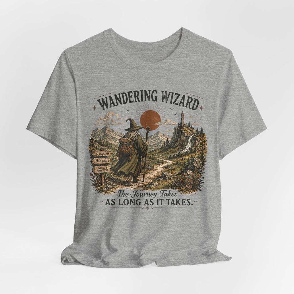 Wandering Wizard Fantasy Hiking T-Shirt in Athletic Heather - fantasy wizard hiking nature graphic tee, Barely Outdoorsy Bella Canvas 3001