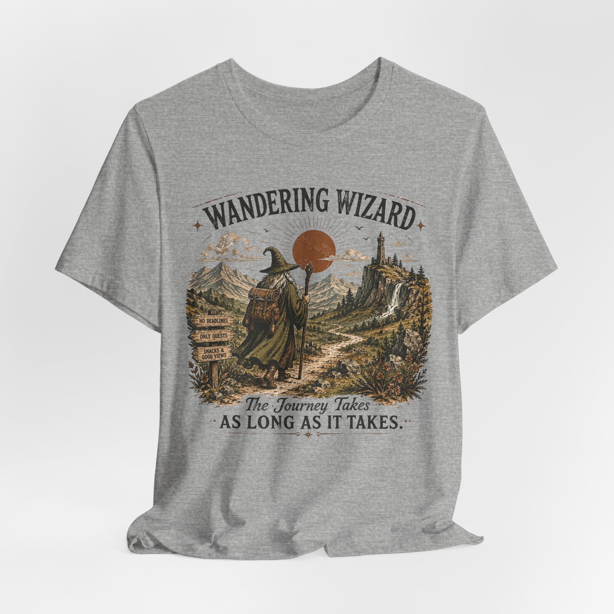 Wandering Wizard Fantasy Hiking T-Shirt in Athletic Heather - fantasy wizard hiking nature graphic tee, Barely Outdoorsy Bella Canvas 3001