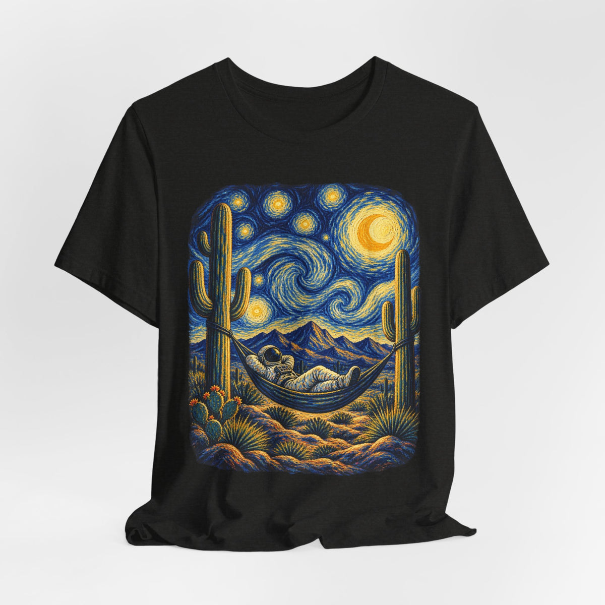 Starry Night Desert Astronaut T-Shirt in White - Southwest desert astronaut starry night space graphic tee, Barely Outdoorsy