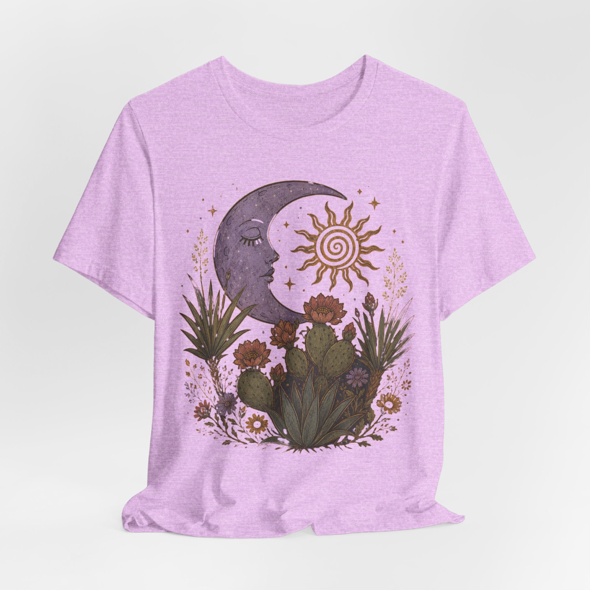 Desert Moon and Sun Celestial Botanical T-Shirt in Heather Peach - boho celestial desert botanical tee, Barely Outdoorsy