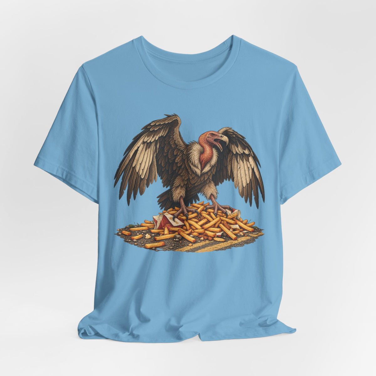 Roadside Fries Vulture T-Shirt in Ocean Blue - funny vulture roadside fries scavenger humor graphic tee, Barely Outdoorsy