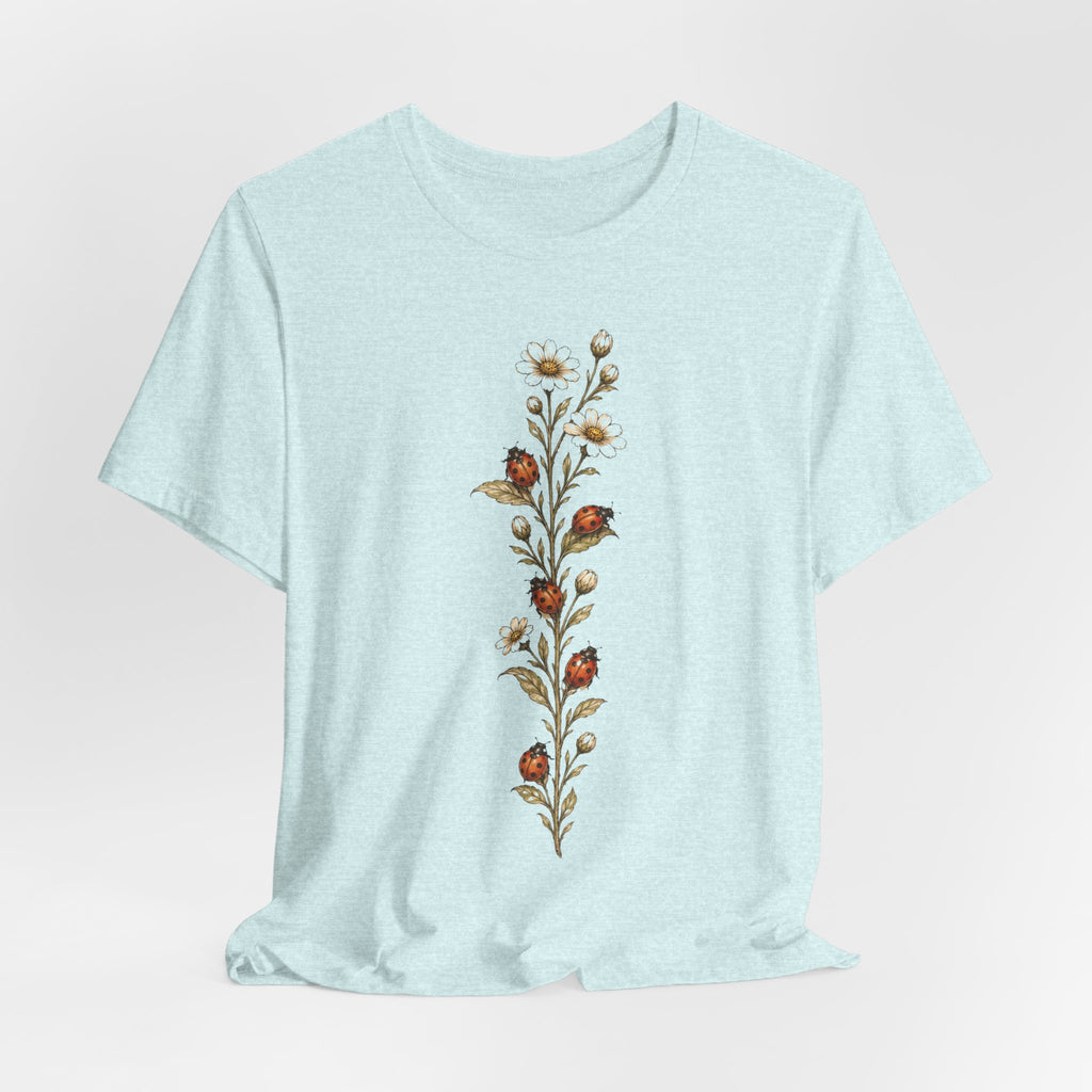 Ladybug Daisy Vine Botanical T-Shirt in Dark Grey Heather - cottagecore botanical ladybug daisy vine graphic tee, Barely Outdoorsy Bella Canvas 3001