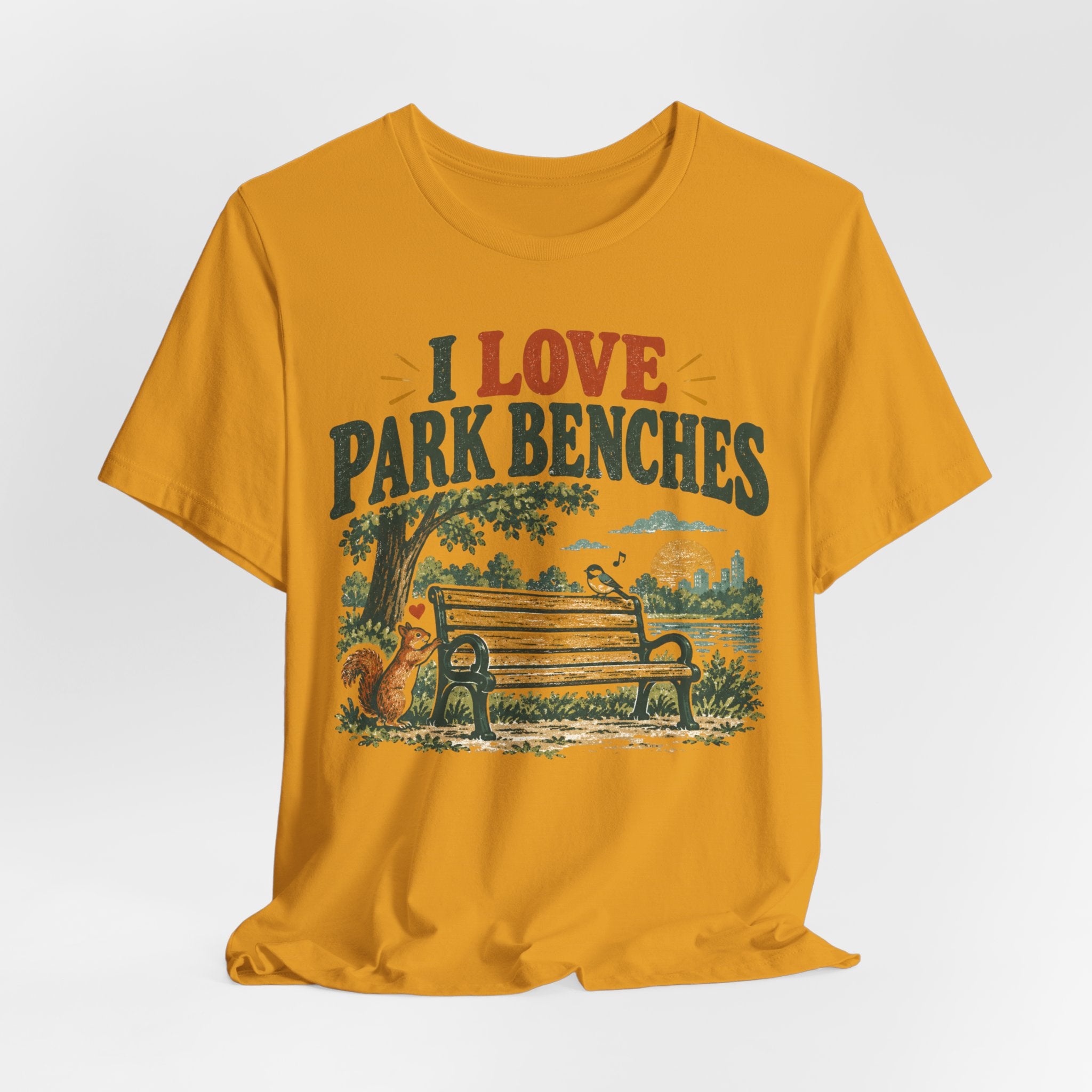 I Love Park Benches Tee flat lay Athletic Heather - unisex crew neck park bench graphic tee, Barely Outdoorsy