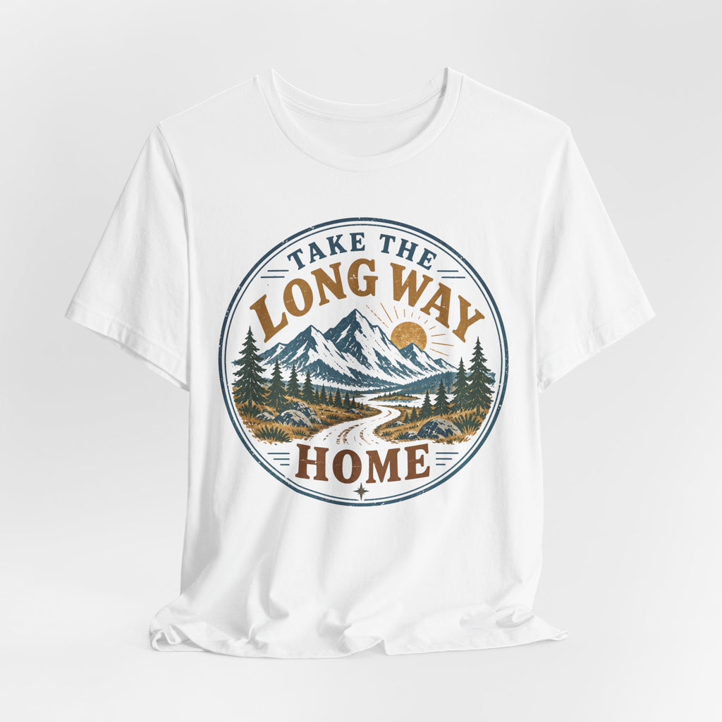 Take The Long Way Home Mountain T-Shirt in Heather Ice Blue - retro mountain trail graphic tee, Barely Outdoorsy