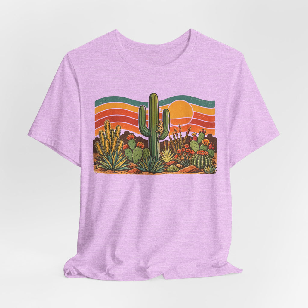 Retro Cactus Garden Desert Sunset T-Shirt in Black Heather - botanical cactus garden graphic tee, Barely Outdoorsy