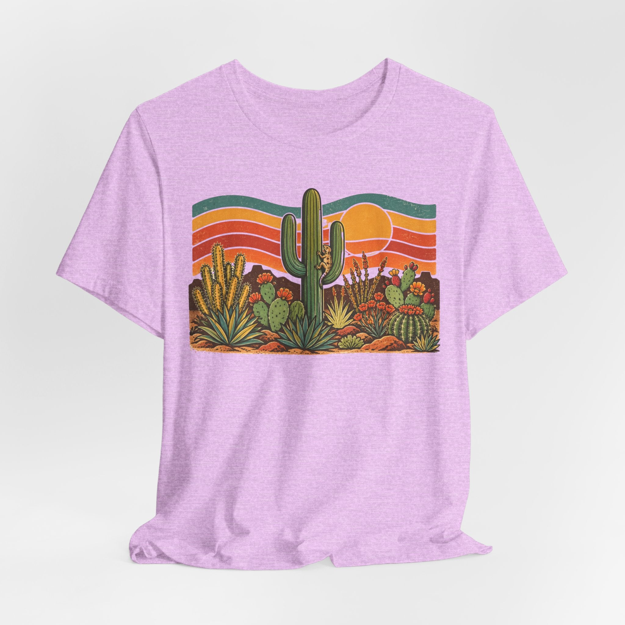 Retro Cactus Garden Desert Sunset T-Shirt in Black Heather - botanical cactus garden graphic tee, Barely Outdoorsy