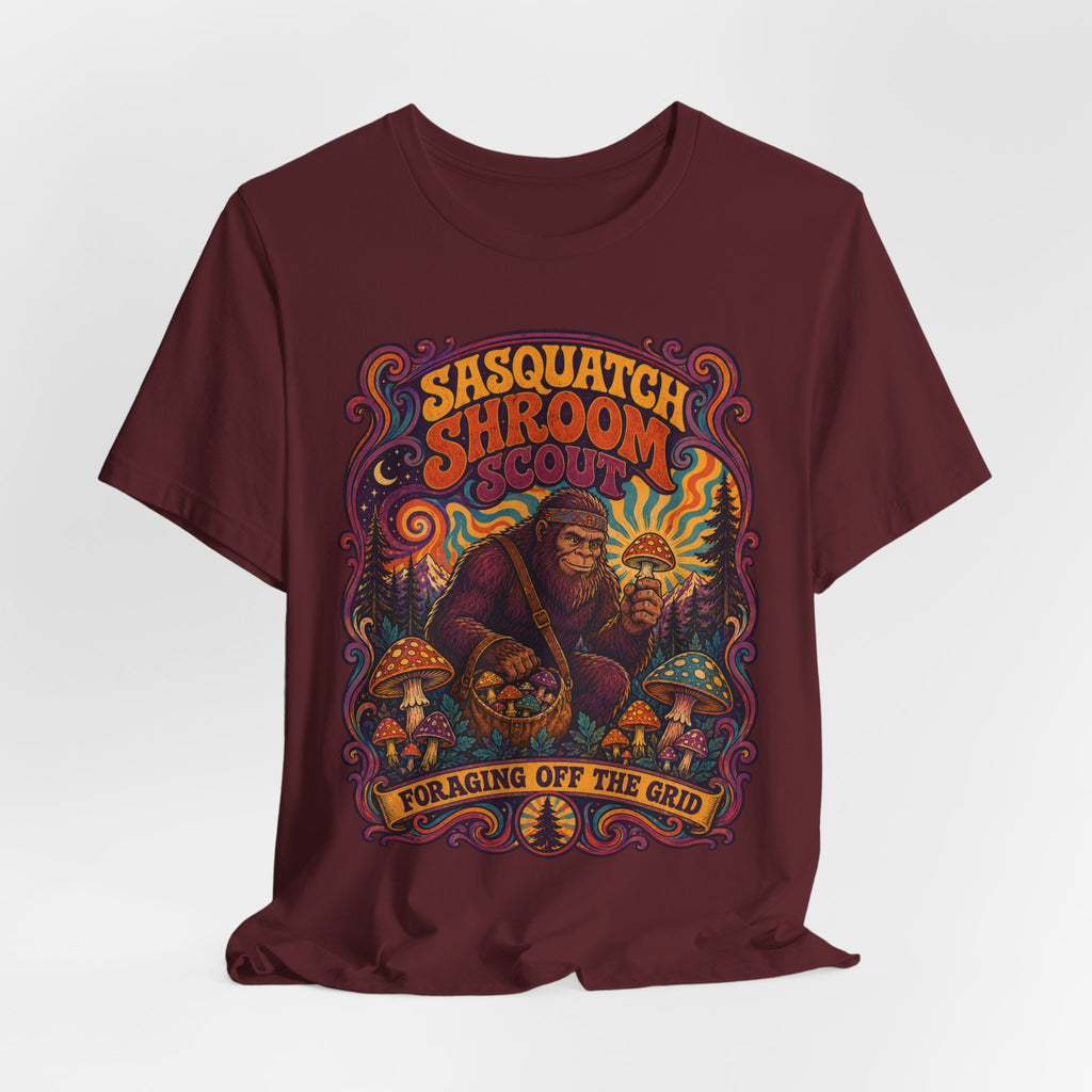 Sasquatch Shroom Scout T-Shirt in White - Bigfoot mushroom foraging unisex tee, Barely Outdoorsy Bella Canvas