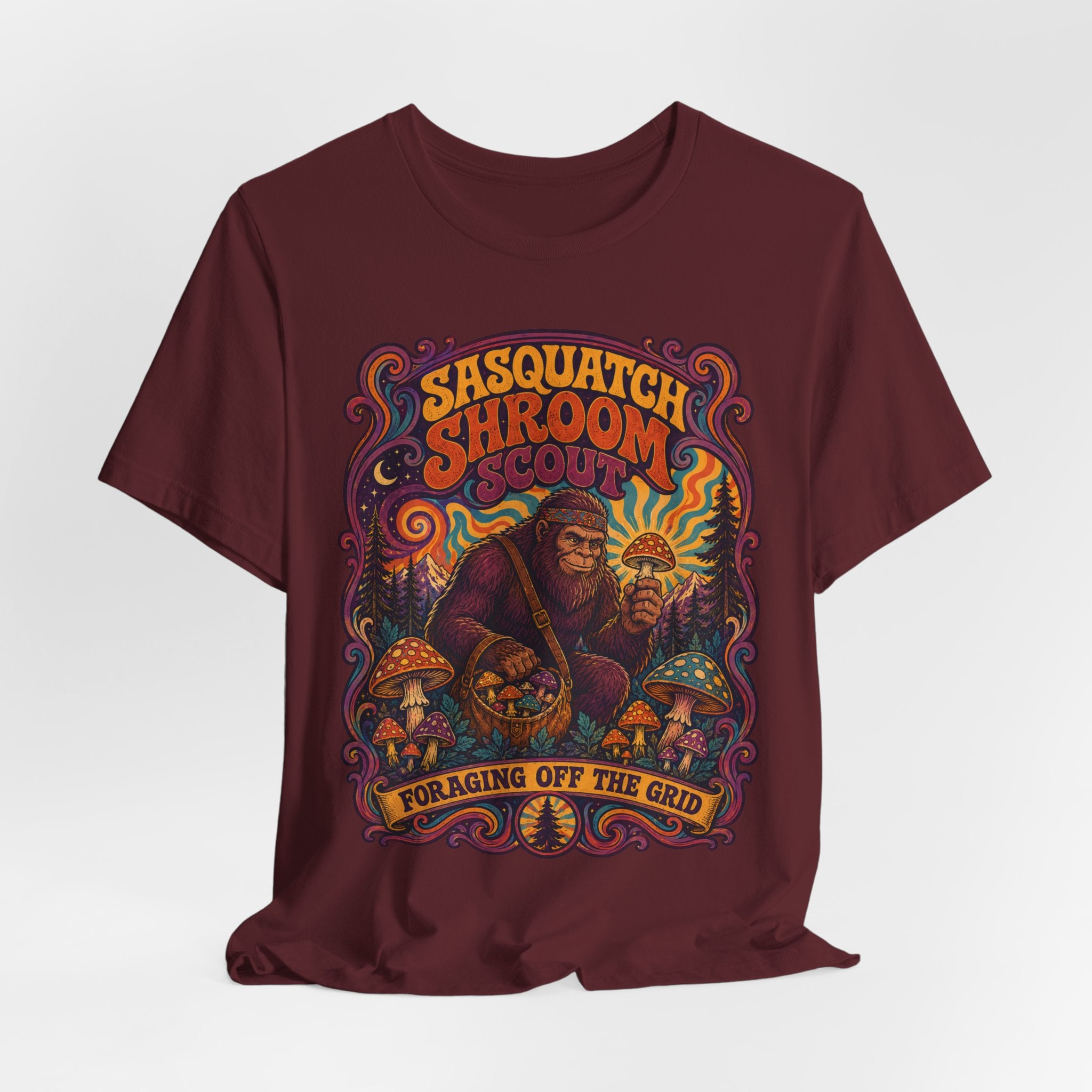 Sasquatch Shroom Scout T-Shirt in White - Bigfoot mushroom foraging unisex tee, Barely Outdoorsy Bella Canvas
