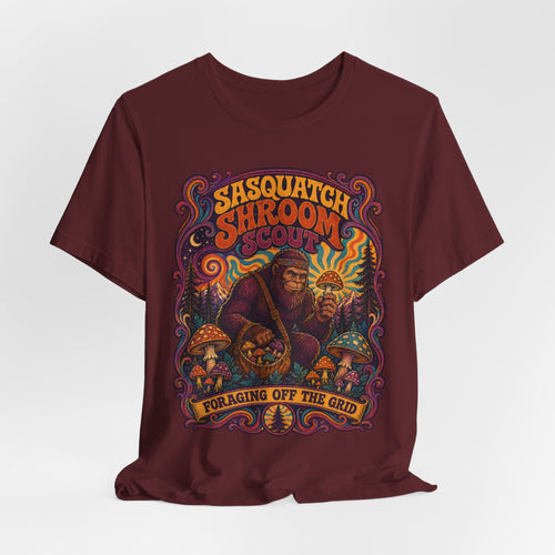 Sasquatch Shroom Scout T-Shirt in White - Bigfoot mushroom foraging unisex tee, Barely Outdoorsy Bella Canvas