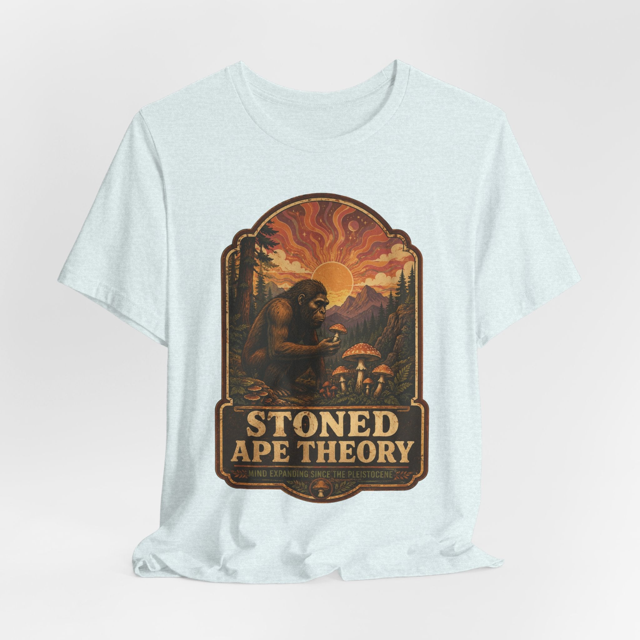 Stoned Ape Theory Tee in Navy - funny ape mushroom theory graphic shirt, Barely Outdoorsy Bella Canvas