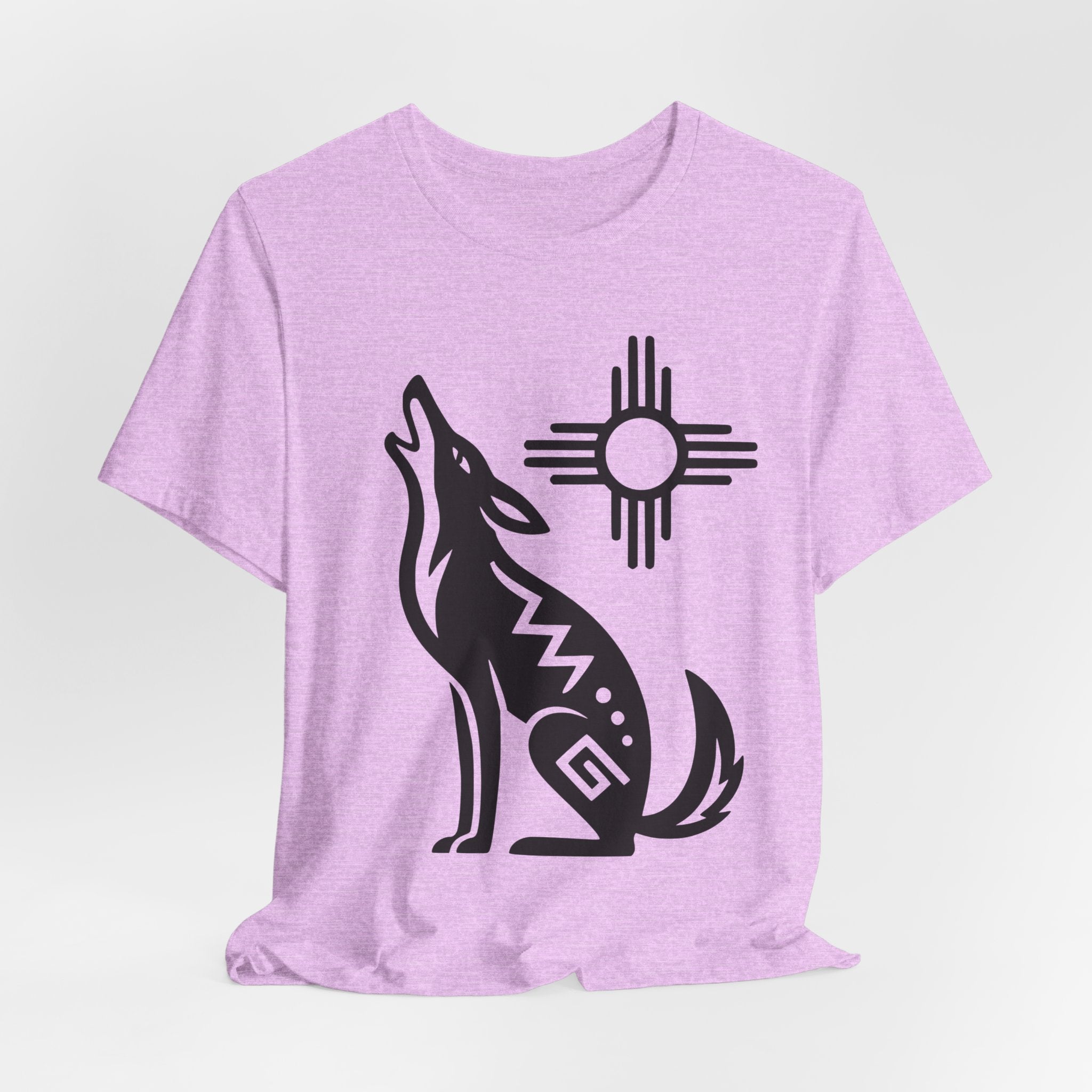 Southwest Zia Sun Coyote T-Shirt in Heather Prism Lilac - retro coyote Zia sun graphic tee, Barely Outdoorsy