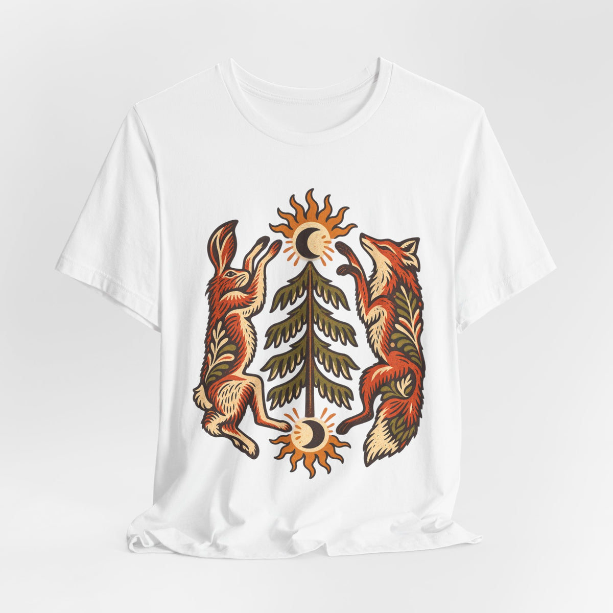 Fox and Hare Folk Art T-Shirt in Heather Green - folk art fox and hare woodland wildlife graphic tee, Barely Outdoorsy