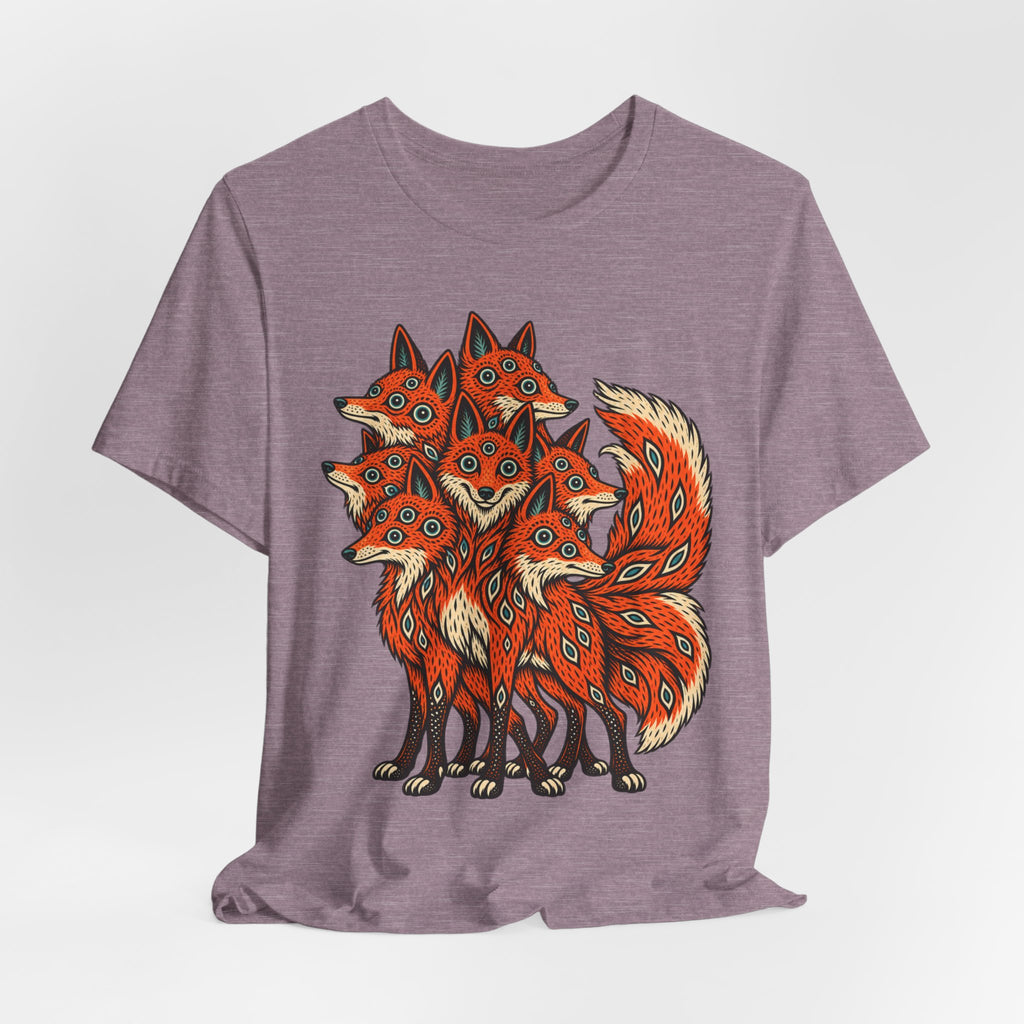 Many-Headed Folk Art Fox T-Shirt in White - folk art mythic many-headed fox wildlife graphic tee, Barely Outdoorsy