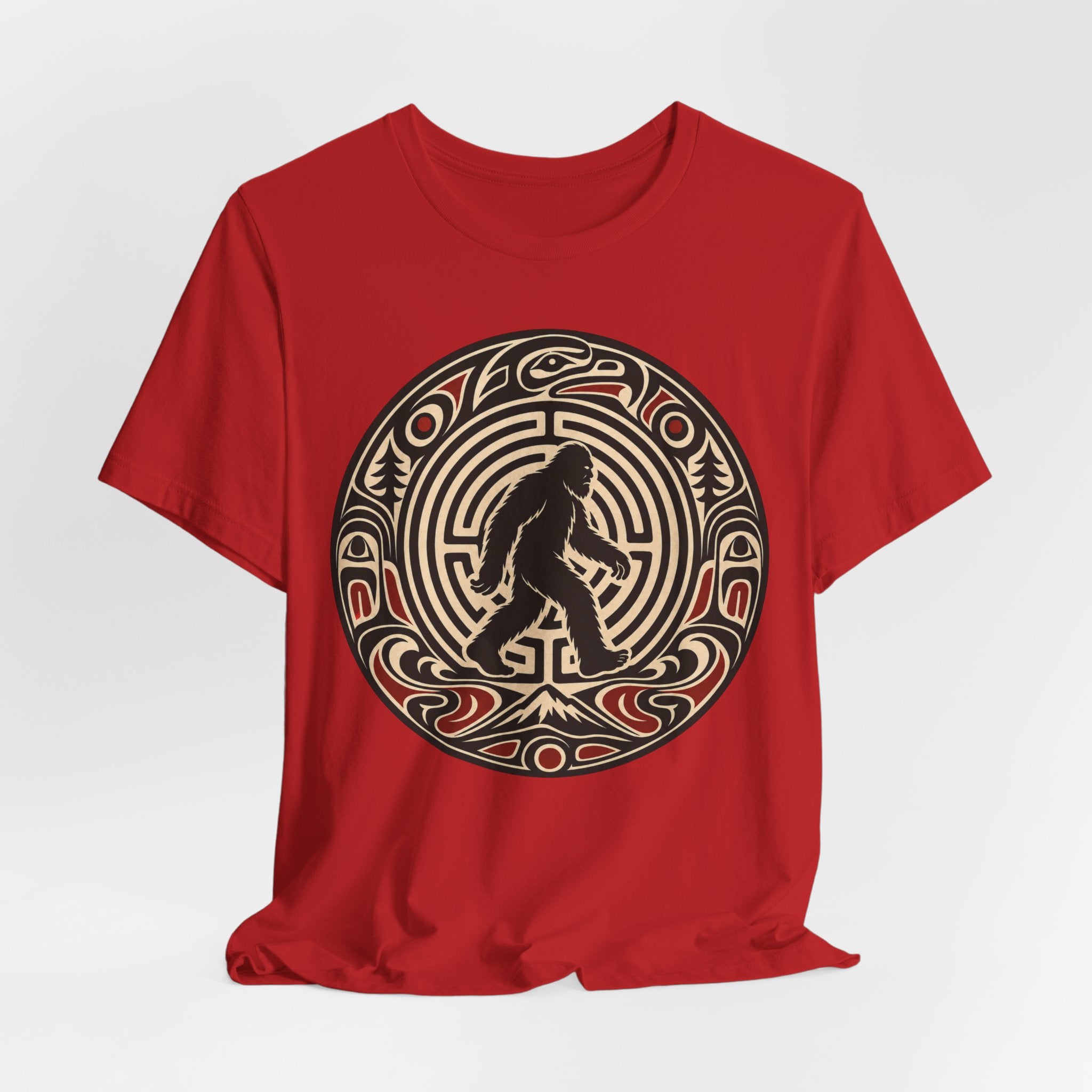 Bigfoot Pacific Northwest T-Shirt flat lay Black - unisex crew neck formline Sasquatch graphic tee, Barely Outdoorsy
