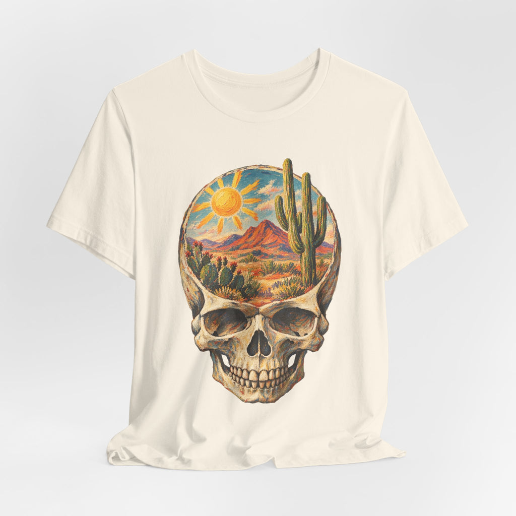 Desert State of Mind Skull T-Shirt in Heather Stone - dark Southwest desert skull state of mind graphic tee, Barely Outdoorsy