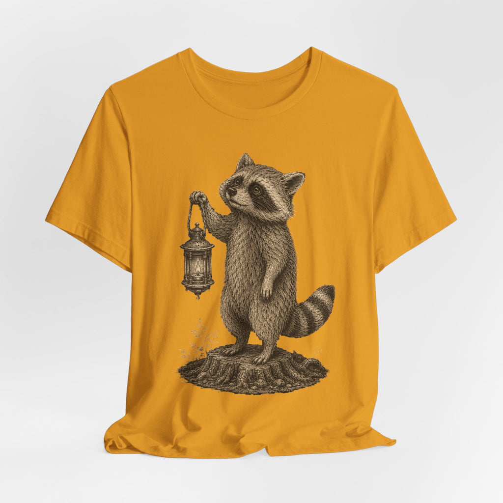 Raccoon Lantern Tee flat lay Dark Grey Heather - unisex crew neck raccoon lantern graphic tee, Barely Outdoorsy
