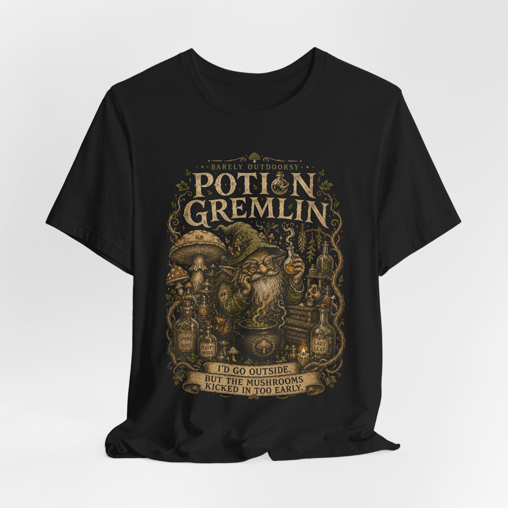 Potion Gremlin Tee in Black worn shot - funny goblincore chaos gremlin shirt, Barely Outdoorsy