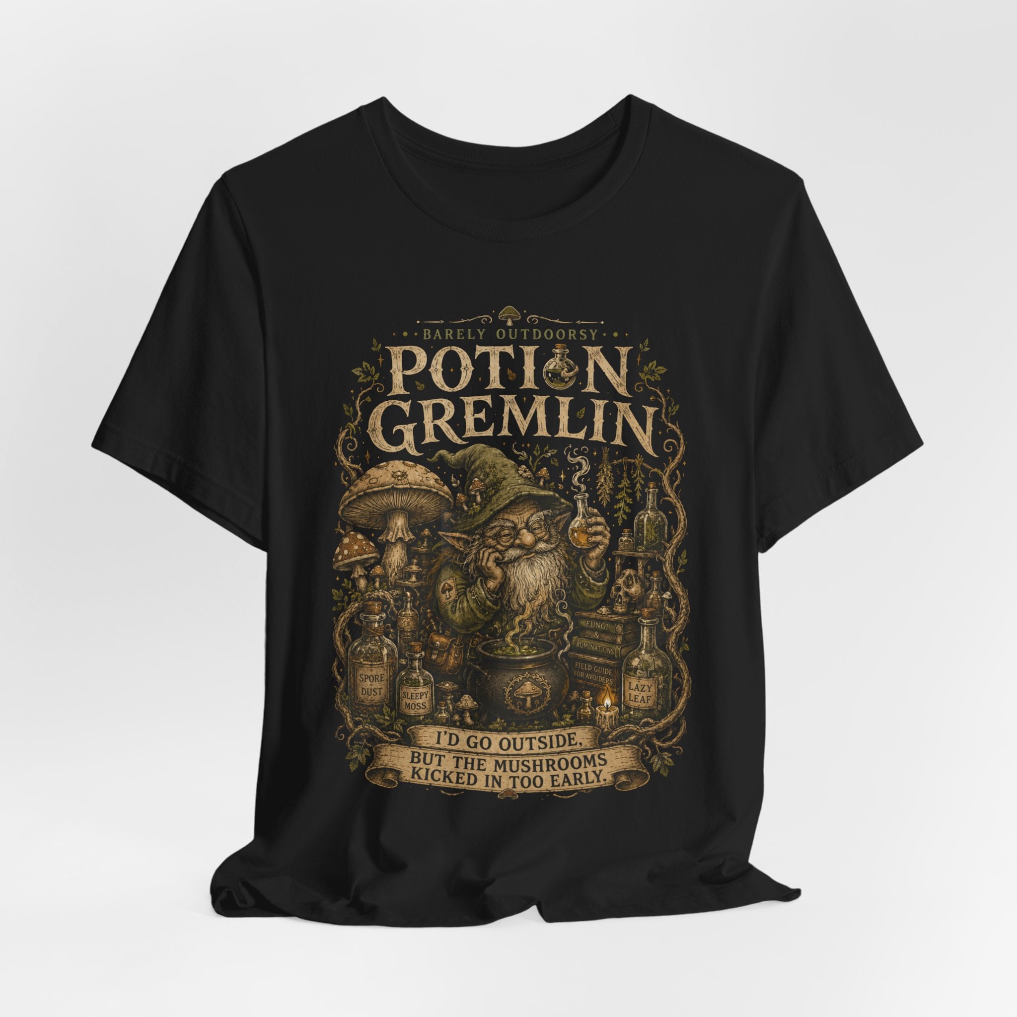 Potion Gremlin Tee in Black worn shot - funny goblincore chaos gremlin shirt, Barely Outdoorsy