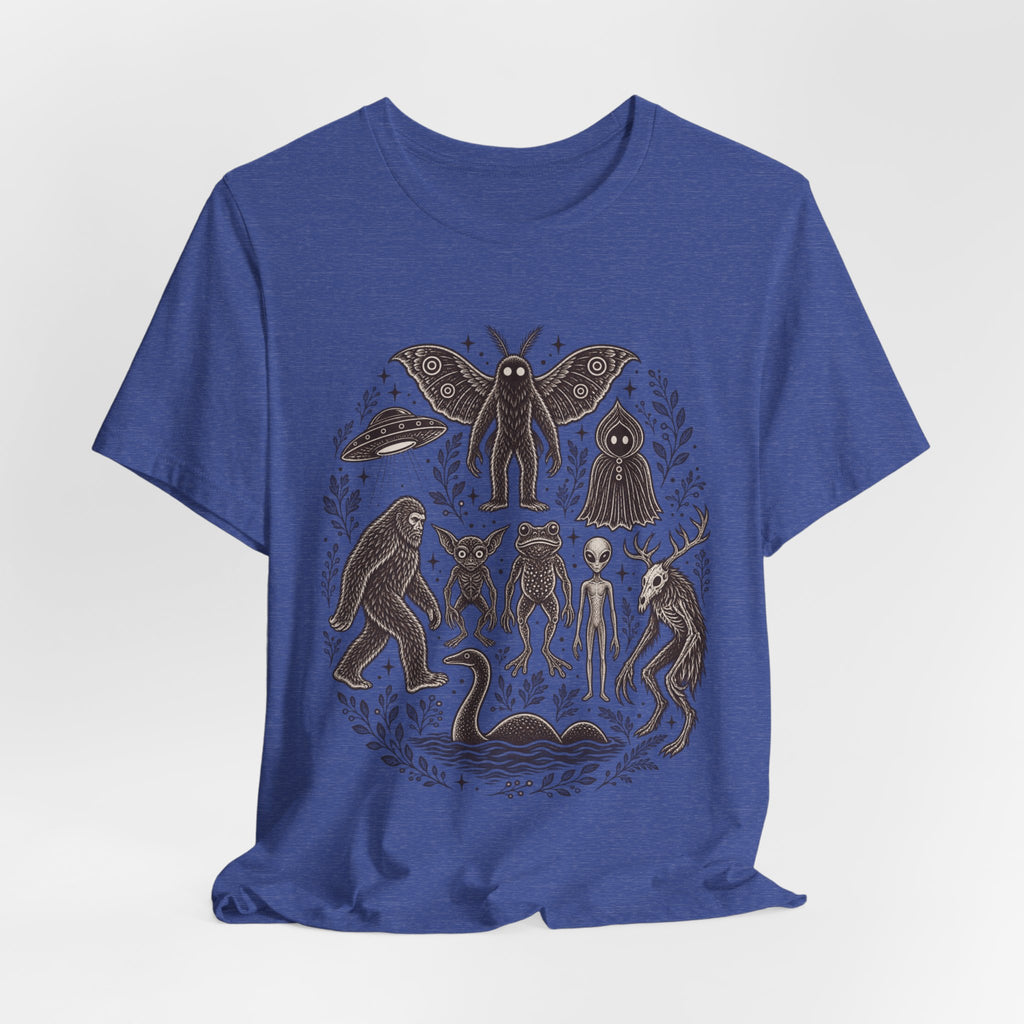 Legendary Cryptid Roster Tee flat lay Athletic Heather - unisex crew neck cryptid graphic tee, Barely Outdoorsy