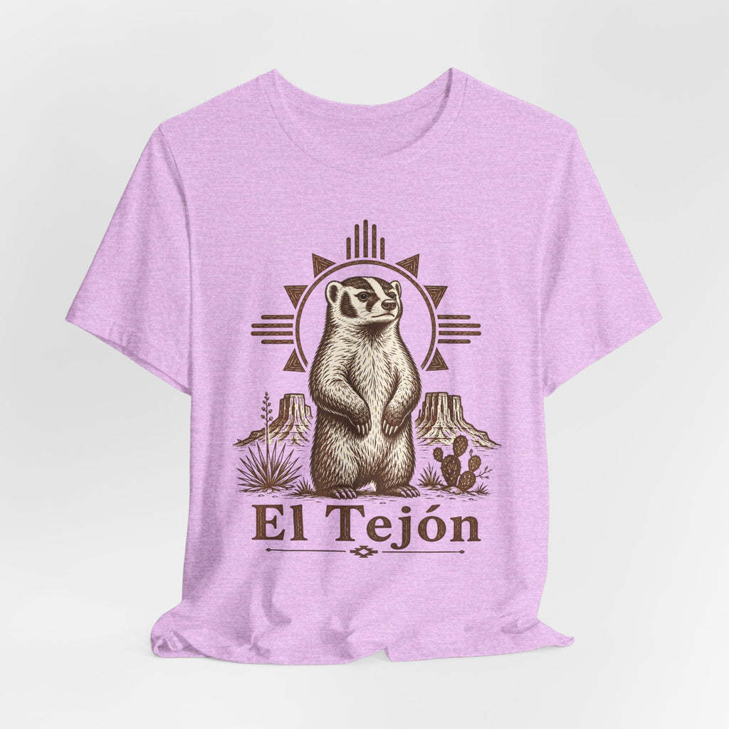 El Tejón Badger Tee in Black Heather detail - vintage etching badger mesas prickly pear close-up graphic