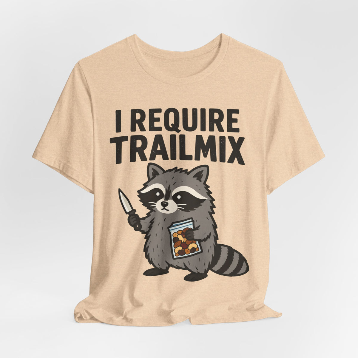 I Require Trailmix Raccoon T-Shirt in Heather Columbia Blue - funny goblincore raccoon graphic tee, Barely Outdoorsy Bella Canvas