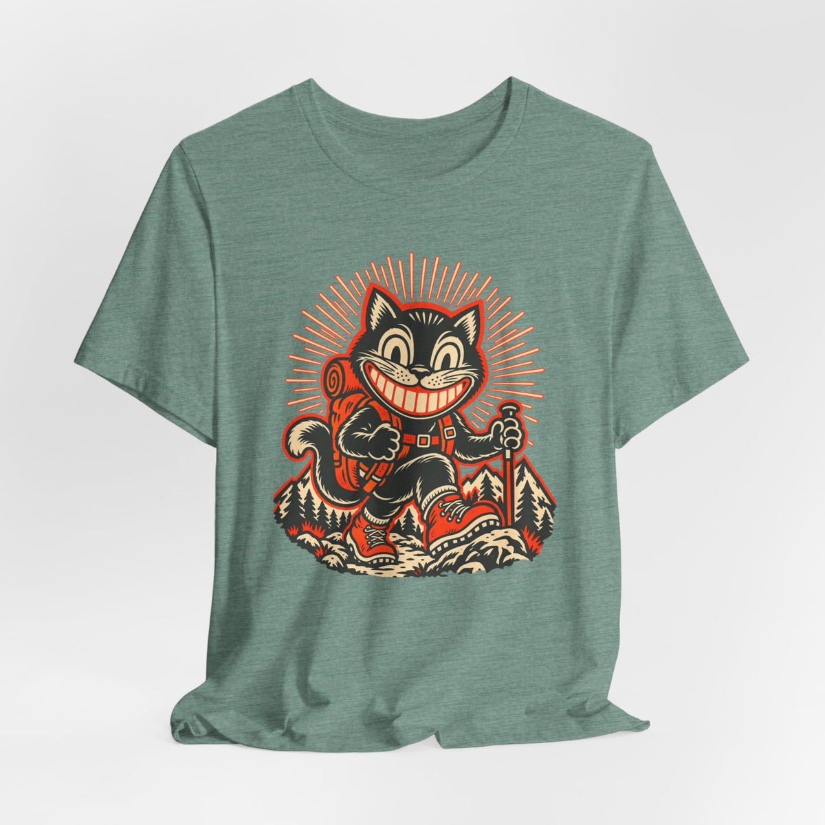 Grinning Black Cat Hiker Tee in Black Heather - funny black cat hiker shirt, Barely Outdoorsy Bella Canvas 3001