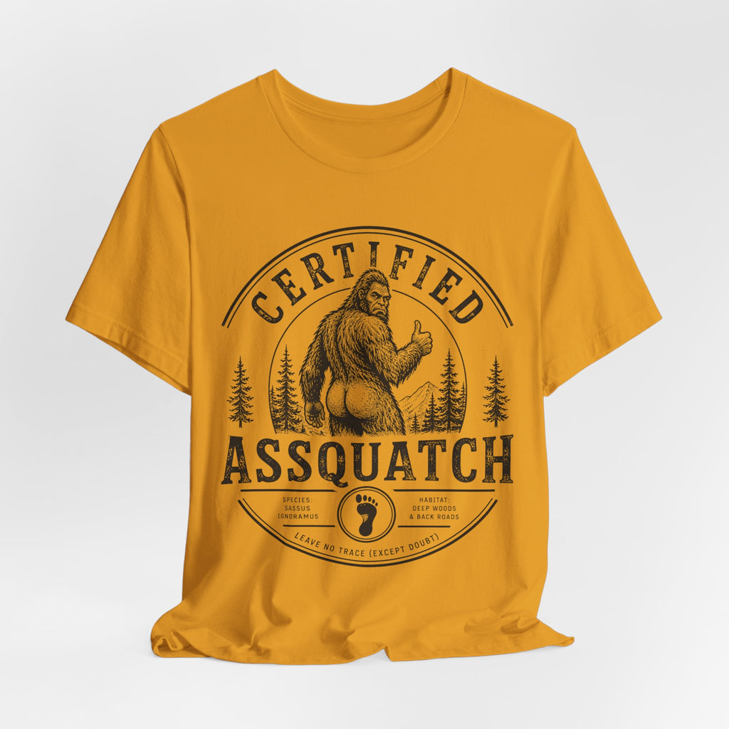 Certified Assquatch Tee in White detail - funny Sasquatch assquatch close-up graphic, Barely Outdoorsy