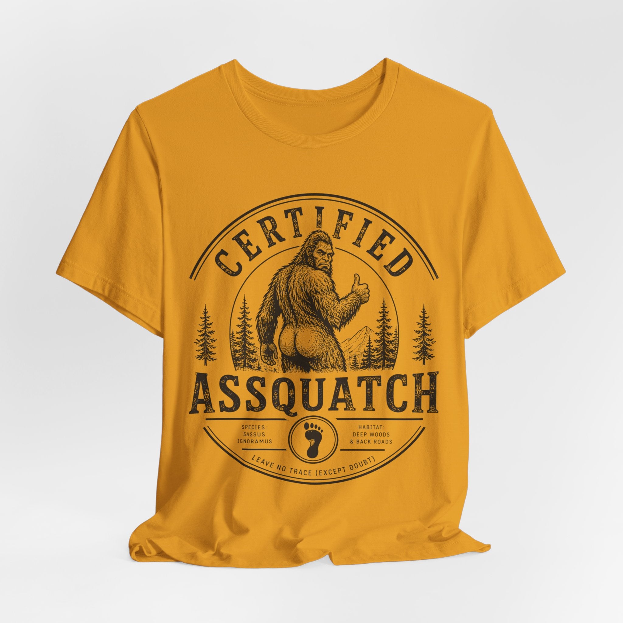 Certified Assquatch Tee in White detail - funny Sasquatch assquatch close-up graphic, Barely Outdoorsy