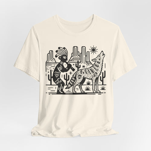 Vintage Coyote Kokopelli T-Shirt in Dark Grey Heather - retro linocut Southwest desert coyote flute graphic tee, Barely Outdoorsy Bella Canvas 3001