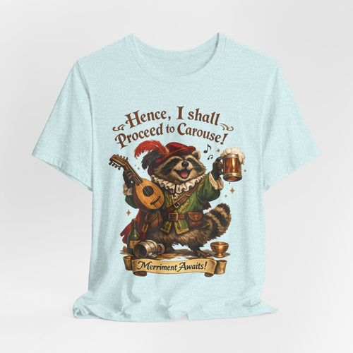 Raccoon Bard T-Shirt in Navy - Renaissance raccoon bard lute feathered cap graphic tee, Barely Outdoorsy Bella Canvas 3001