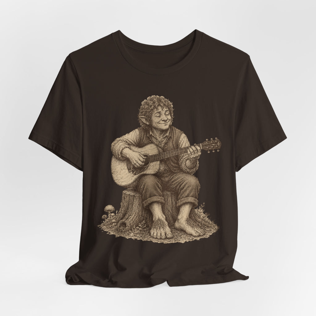 Halfling Guitar T-Shirt in White detail - vintage engraving halfling barefoot bard close-up graphic