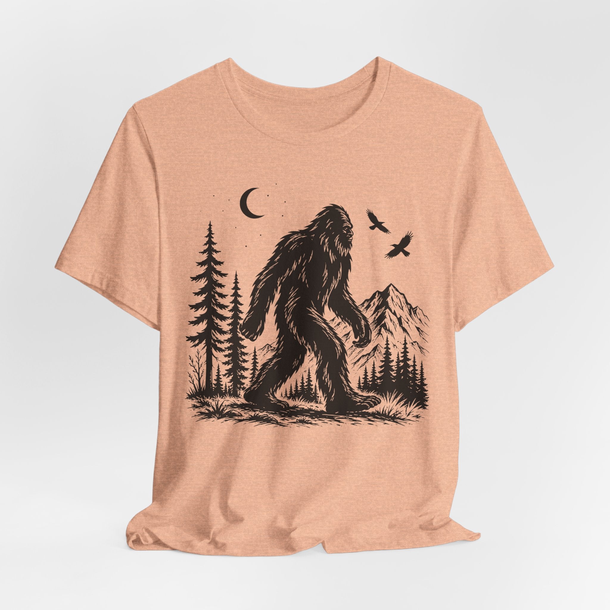 Bigfoot Night Forest Mountain T-Shirt in Mauve - moonlit Sasquatch mountain graphic tee, Barely Outdoorsy
