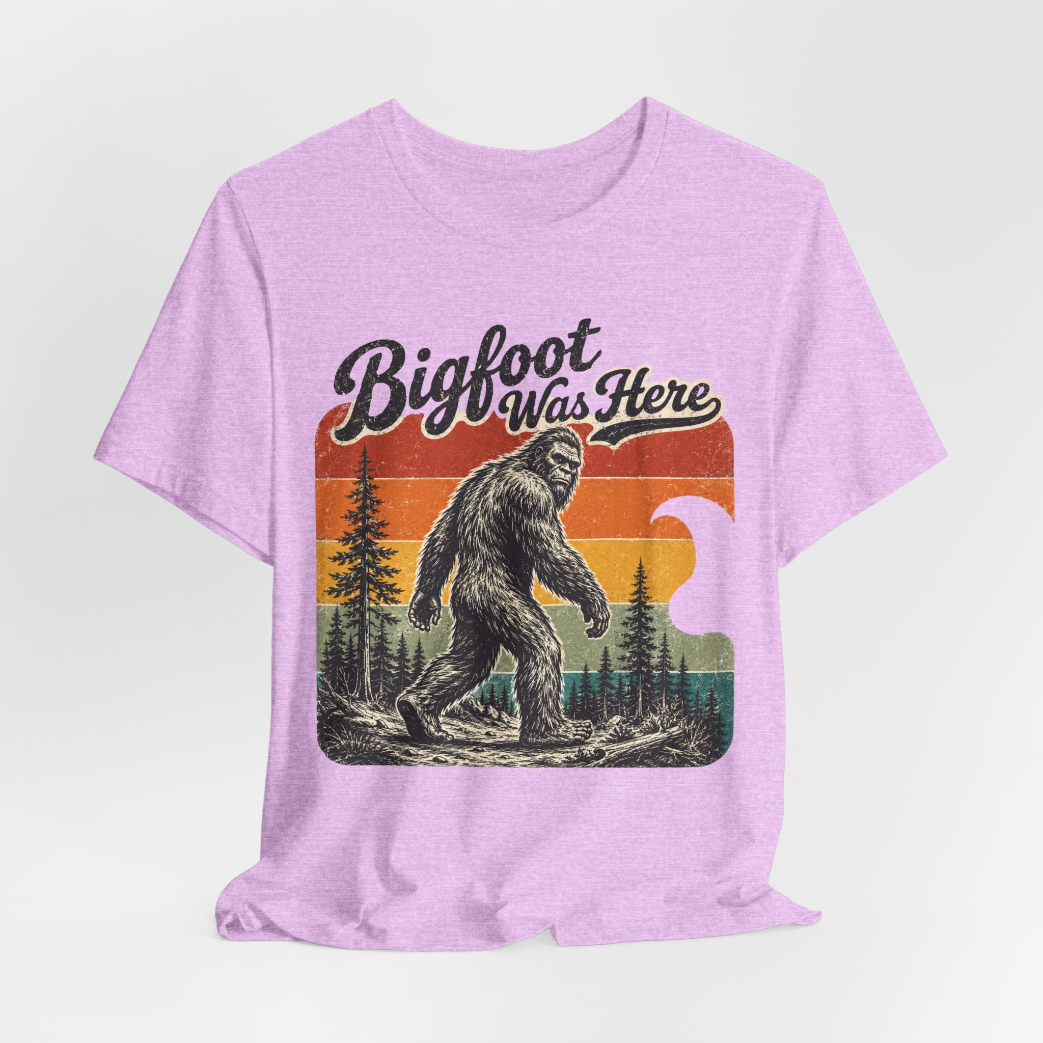 Bigfoot Was Here Tee in Heather Prism Lilac - vintage Bigfoot was here cryptid humor shirt, Barely Outdoorsy Bella Canvas 3001