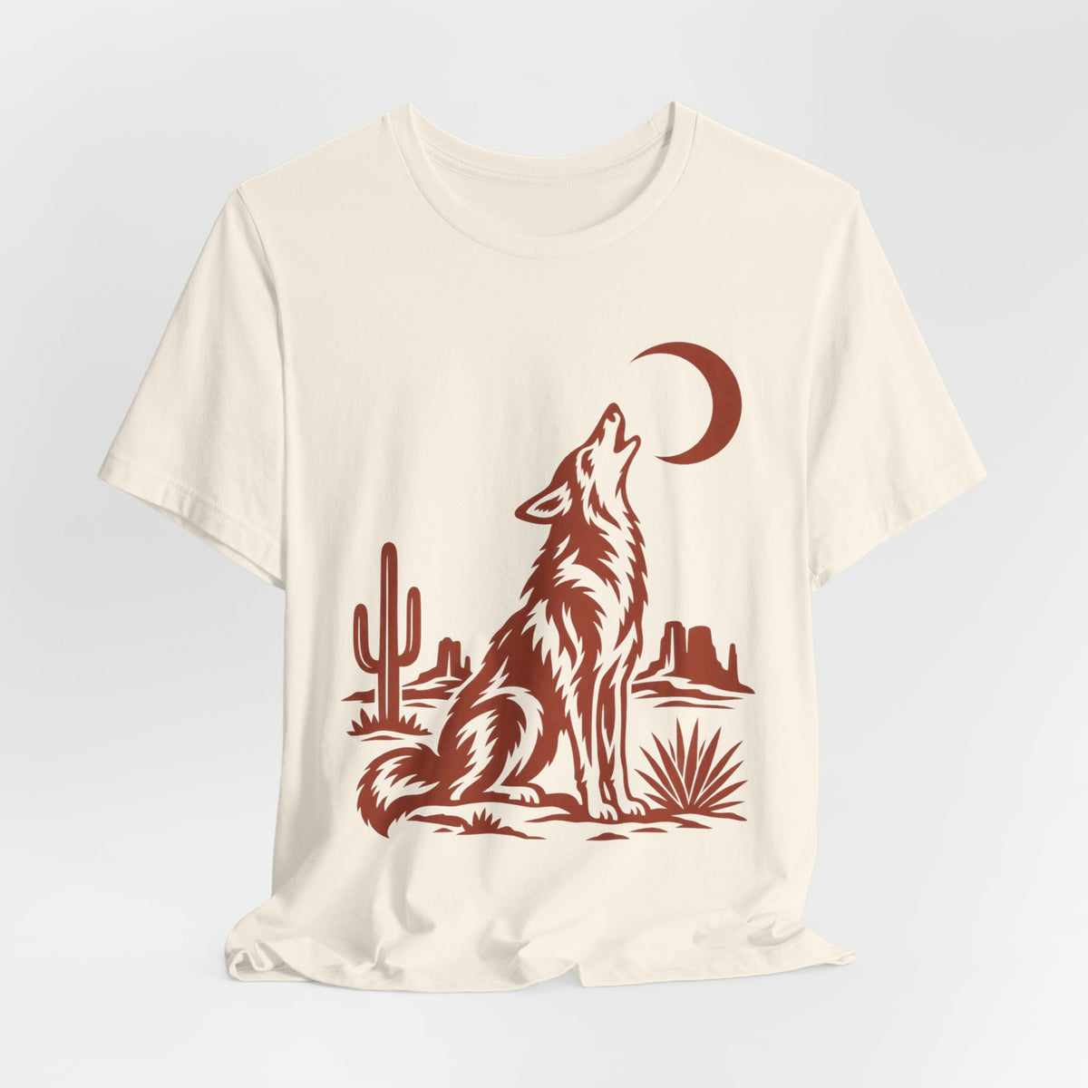 Coyote Moon Silhouette T-Shirt in Maroon - bold coyote howling moon graphic tee, Barely Outdoorsy Bella Canvas