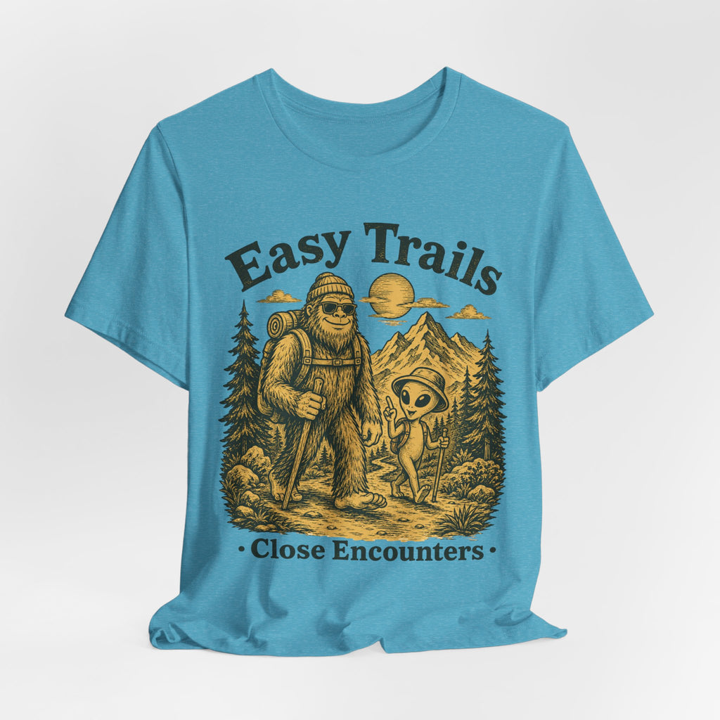 Easy Trails Close Encounters Tee in Heather True Royal - Bigfoot alien peace sign hiking humor shirt, Barely Outdoorsy Bella Canvas