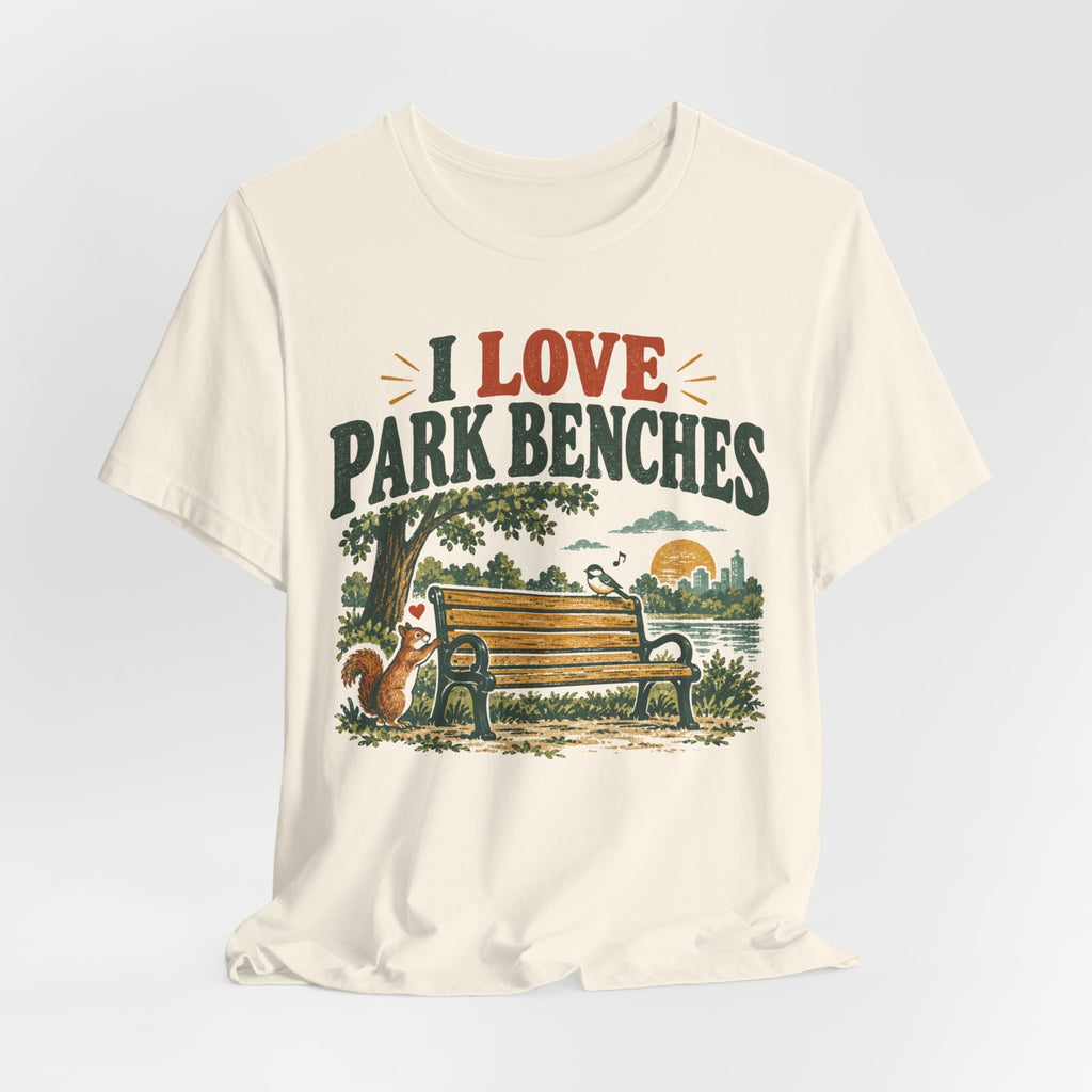 I Love Park Benches Tee in Heather Peach - funny park bench outdoor shirt, Barely Outdoorsy Bella Canvas 3001