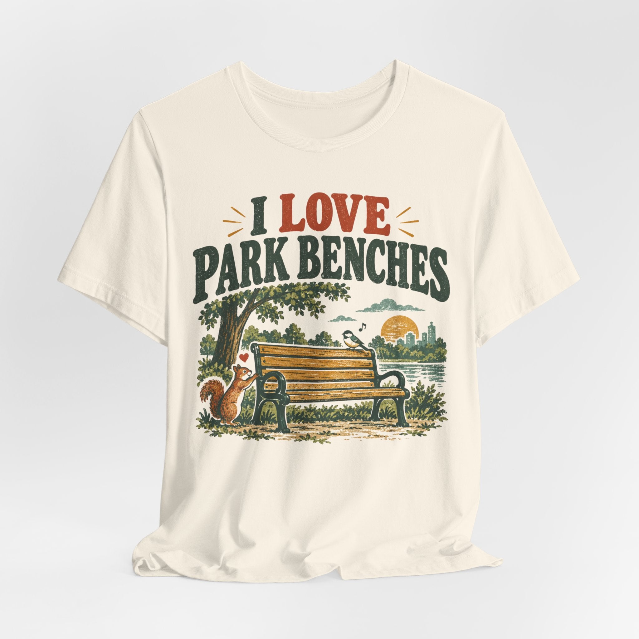 I Love Park Benches Tee in Heather Peach - funny park bench outdoor shirt, Barely Outdoorsy Bella Canvas 3001